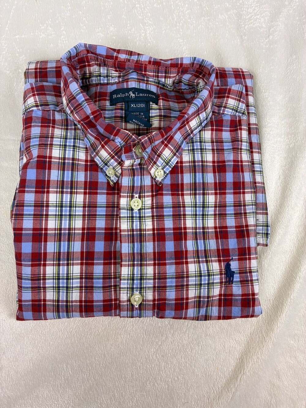 Ralph Lauren Plaid Button-Down Shirt Size XL (20) Red Blue Short Sleeve